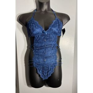 Fredrick's of Hollywood Sedution NWT bodysuit blue purple lace strappy detail LG